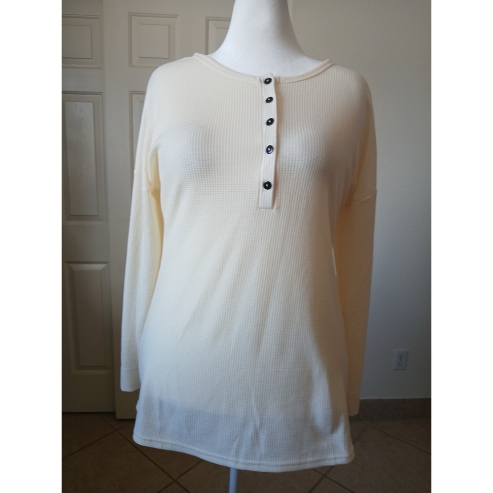 Womens Blouse Top Size XL Ivory Long Sleeve Henley Casual‎ Basic - Picture 2 of 9